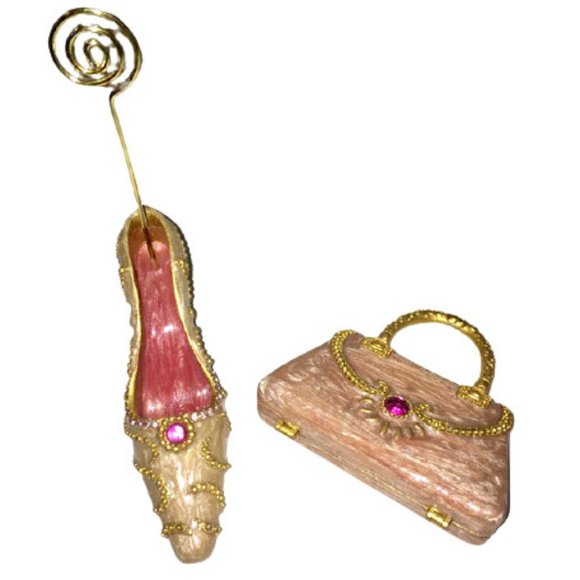 Vanity Set Miniature High Heel Photo Holder Purse Mirror Metal Enamel Pink Gold - Picture 1 of 8
